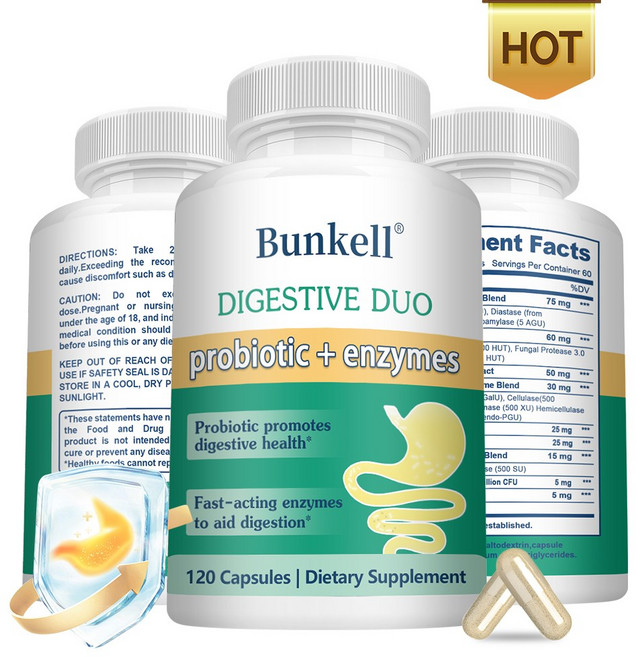 프로바이오틱스 + 소화 효소 캡슐 - 장 및 소화 지원 - 데일리 영양 보충제, 1개, 60회분