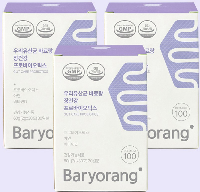 우리유산균 바료랑 장건강 프로바이오틱스 유산균 100억 1개월, 3개, 60g