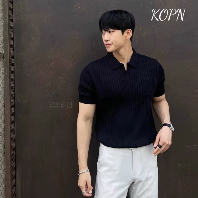 KOPN 여름 티셔츠 반팔 니트 남성 폴로 셔츠 얇은 터틀넥 패션 경숙풍 캐주얼 슬림 레깅스