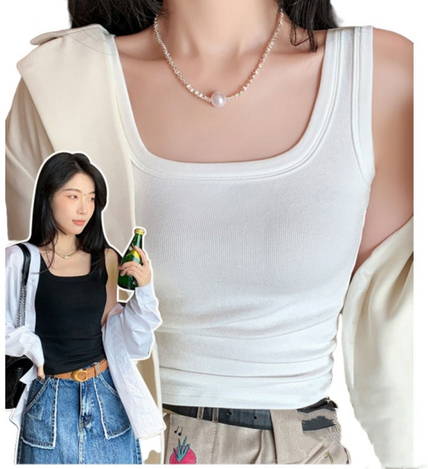 여성 스퀘어넥 비스코스 민소매 나시티 화이트1+블랙1