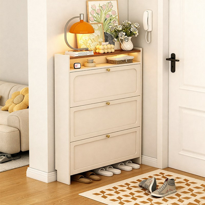 엔트리 울트라슬림 현관신발장 80cm 틈새 신발장, 3단, 크림색 17cm