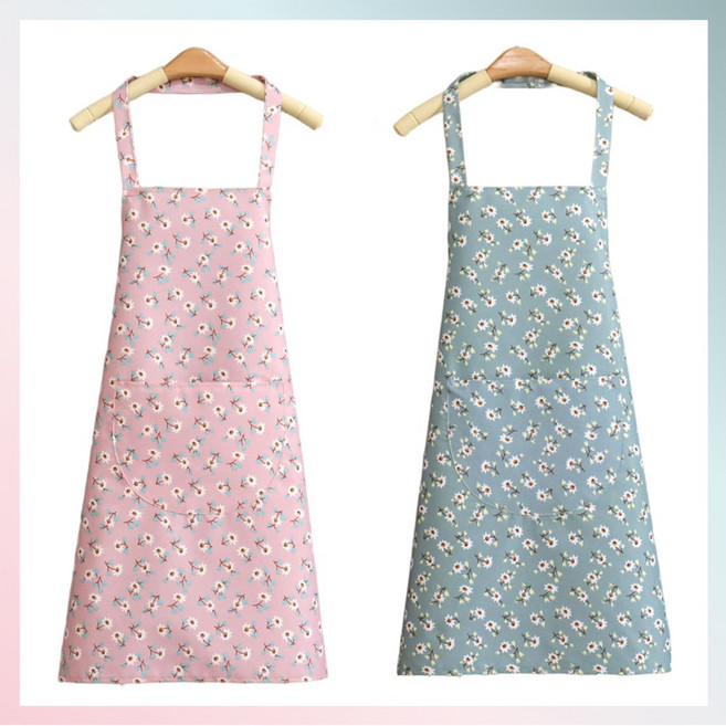 아라리오 꽃무늬 방수 홀터넥 앞치마 1+1, 분홍색 + 하늘색, 1개