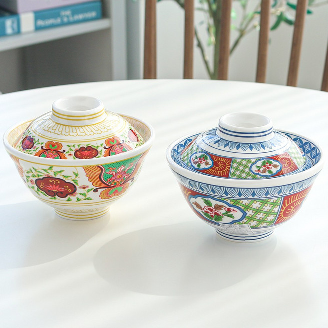 뚜껑있는 일본식 돈부리 텐동 멜라민 그릇 세트, 옐로우 대+레드그린 대, 1세트