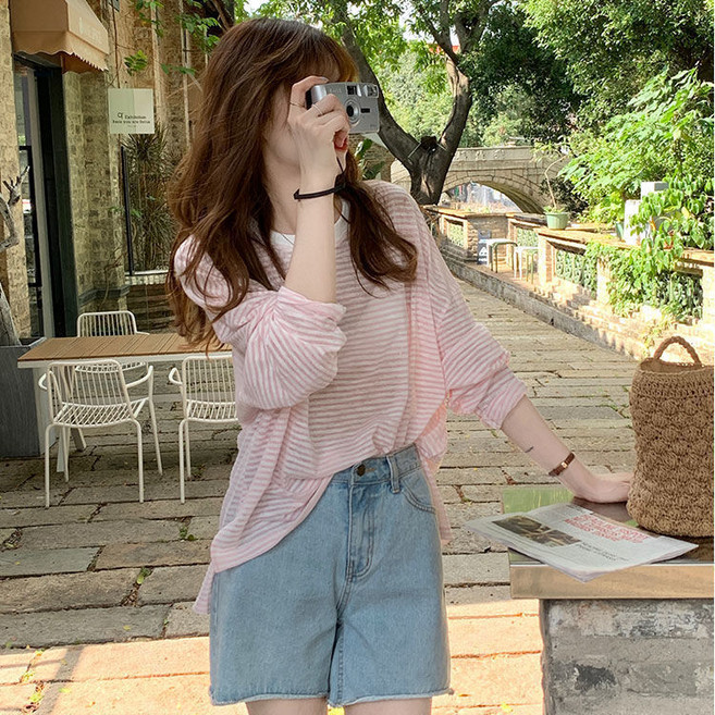 Asure 여자 자외선 차단 스트라이프 긴팔티셔츠 루즈핏 얇은 냉장고 시스루티