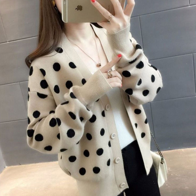 besteffie 니트가디건 봄 여성용 도트 무늬 브이넥 니트 가디건 땡땡이 니트 가디건 루즈핏 니트가디건 E22