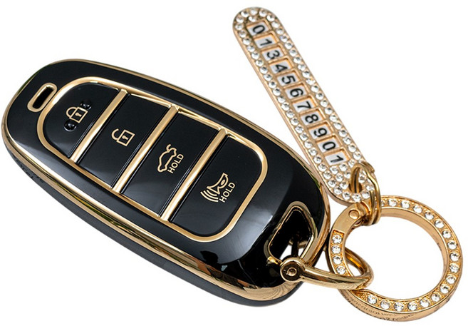 현대 소나타 DN8 스타리아 넥쏘 팰리세이드 호환 TPU 자동차 키 케이스 번호판 키링 키홀더, 4버튼TA54-KH03, 블랙