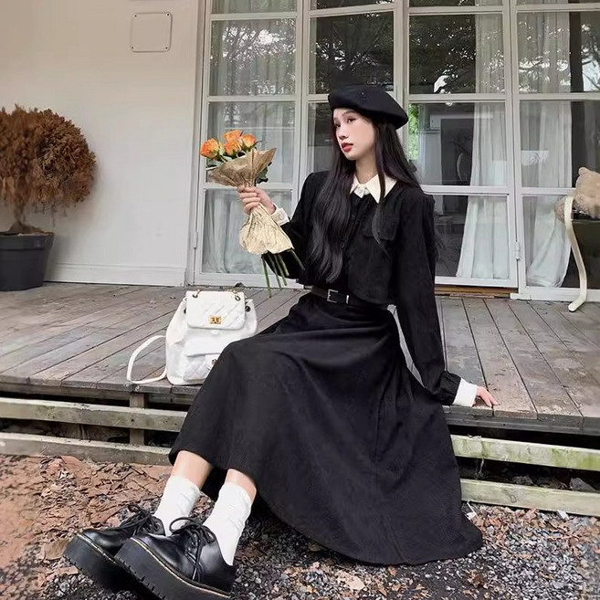 ANYOU 빅사이즈 여성 긴팔 원피스 코듀로이 롱원피스 결혼식 하객룩 패션 데일리룩 오피스룩