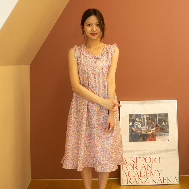 올리루츠 국산 여성 아사 순면 민소매 원피스 잠옷 홈웨어