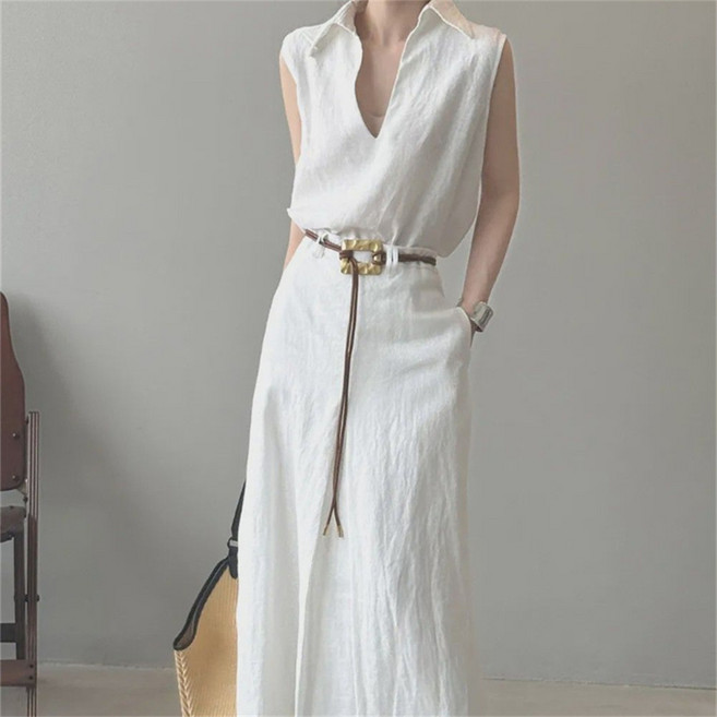 VEZRI 여성 여름 민소매 정장 세트 V넥 블라우스 롱 A라인 스커트 오피스룩 F88