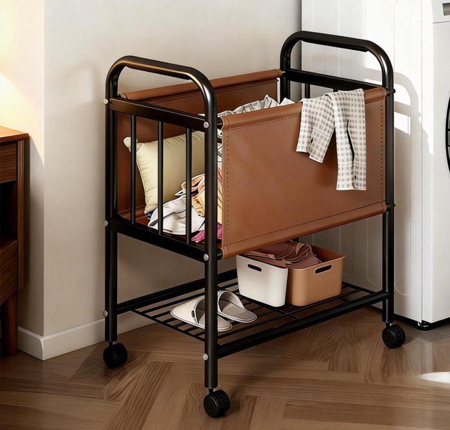 NEDYOU 2단 이동식 트롤리 빈티지 빨래바구니 욕실 수납장 세탁바구니 대용량 이동식 NYK-01, 브라운