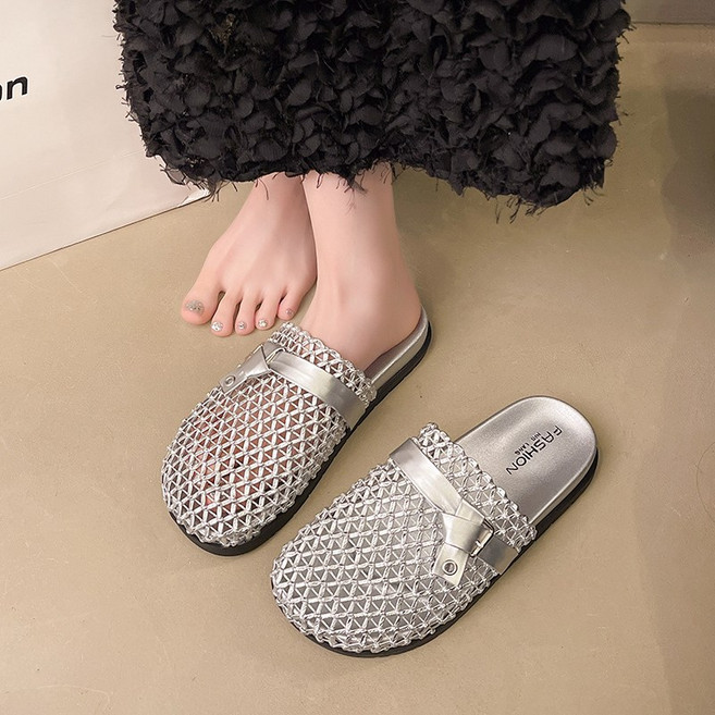 여성 메쉬 뮬 슬리퍼 키높이 통굽 3cm 버클 스트랩 통풍 캐주얼 슈즈