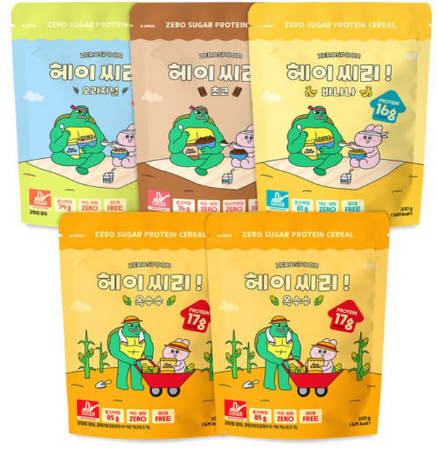 헤이씨리 무설탕 프로틴 그래놀라 시리얼 200g 5팩 (오리지널+초코+바나나+옥수수+옥수수), 5개