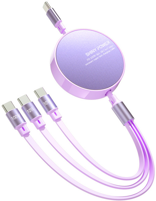 샤이니파워 PD100W 3in1 C to C 데이터전송 줄자형 초고속 충전 케이블/노트북 핸드폰 동시 3개 기기 충전가능, 1개, 퍼플, 110cm