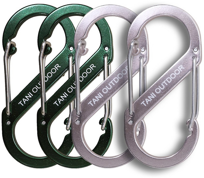 카라비너 대형 중형 소형 D형 S형 고강도 캠핑 비너 차박 타프 텐트 키링, 1세트, 1단, 09_S형 8cm(그린2+핑크2)