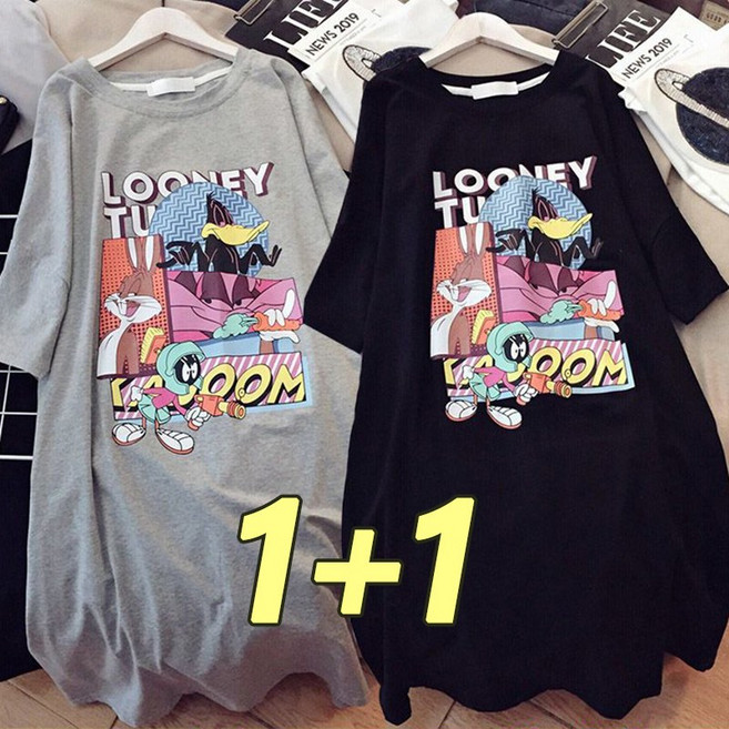 1+1 빅사이즈여성의류 여름 미디 롱티셔츠 오버핏 여성반팔티 편한 박스티 상의