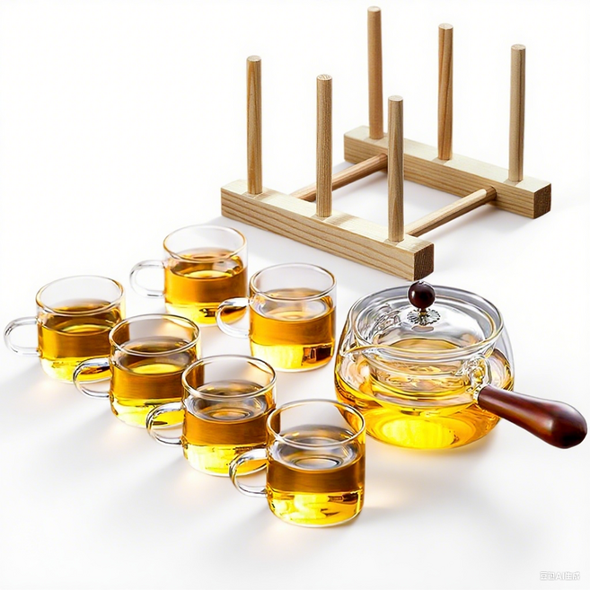 Qiaokao 유리 다기 세트, 클리어, 찻주전자 + 찻잔 6개, 1세트