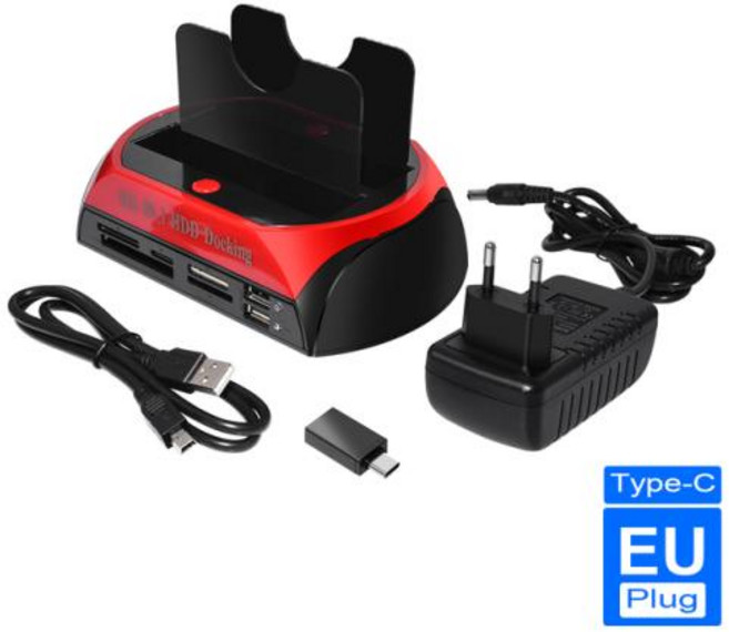 USB 2.0-IDE SATA 하드 디스크 OTB 복제 독 올인원 HDD 도킹 스테이션 듀얼 베이 2.5 인치 3.5 인치 eSATA 카드 리더기 포함, EU andCC, 1개