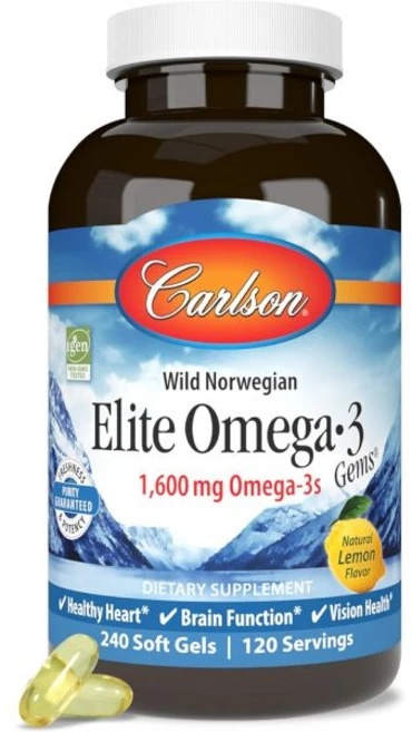 칼슨 엘리트 오메가3 젬스 1600mg 지방산 노르웨이산 야생 잡힌 생선 기름 지속 가능한 원료의 레몬 60, 240정, 1개 - 쿠팡
