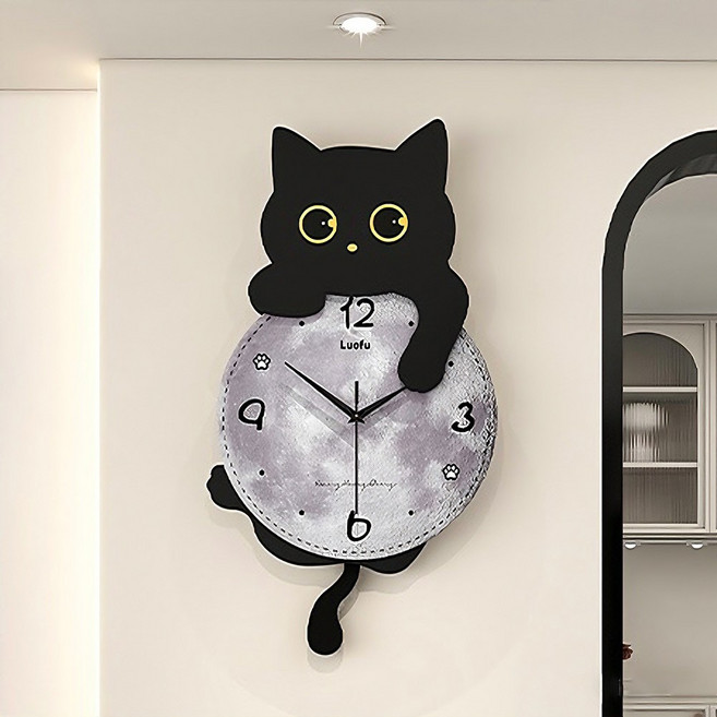 Luofu 무소음 심플 인테리어 벽시계 고급 현대 디자인 흔들 캣꼬리 추시계, 귀여운고양이&새벽달