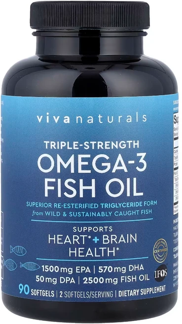 Viva Naturals 오메가3 피쉬 오일 3배 강도 소프트젤, VVA74795, 1개, 90정 - 쿠팡