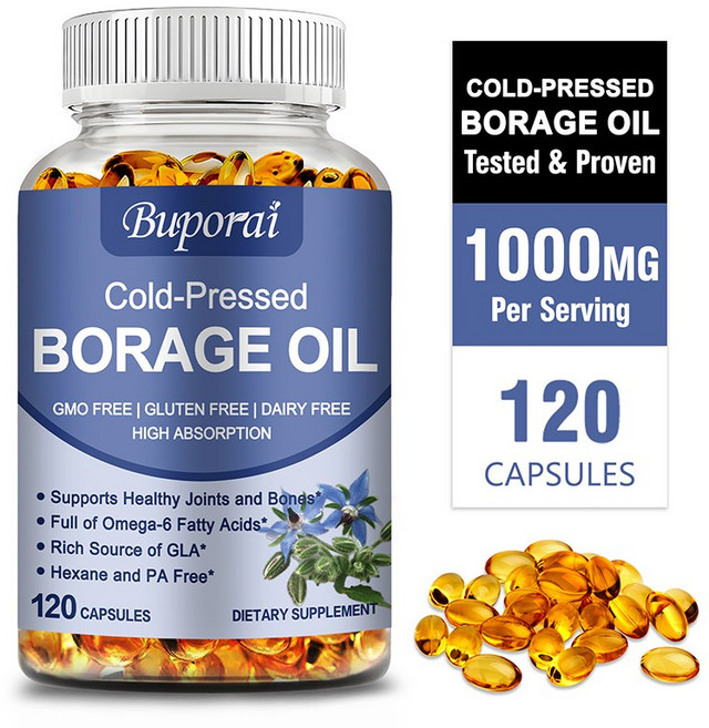 보리지 오일 1000mg - 모발 피부 손톱 건강 지원 뼈와 관절 건강 증진, 2개, 120정