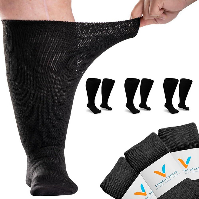 Viasox Black EasyStretch™ 남성 및 여성용 당뇨병 양말 바인딩 없는 상의 심리스 발가락 루즈핏 3팩 XL 300-350mm(12-14), 엑스라지, 블랙