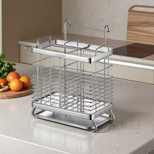 KOEWEI 다기능 304 스텐 수저통 걸이형 물빠짐 수저꽂이, 1개, 실버