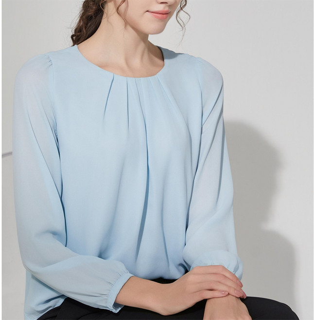 YAMANMAN 여성 블라우스 주름 디테일 라운드넥 쉬폰블라우스 오피스룩