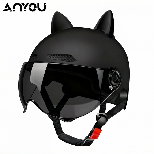ANYOU 자외선 차단 고글 고양이 귀 안전 헬멧, 자외선 차단 짧은 쉴드+ 블랙