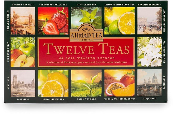 Ahmad Tea Natural Benefit 성 차 셀렉션 팩 | 녹차 과일 허브 티 선물 티백 향 주머니 60개 6가지 블렌드 160347, 12개의 차, 1개