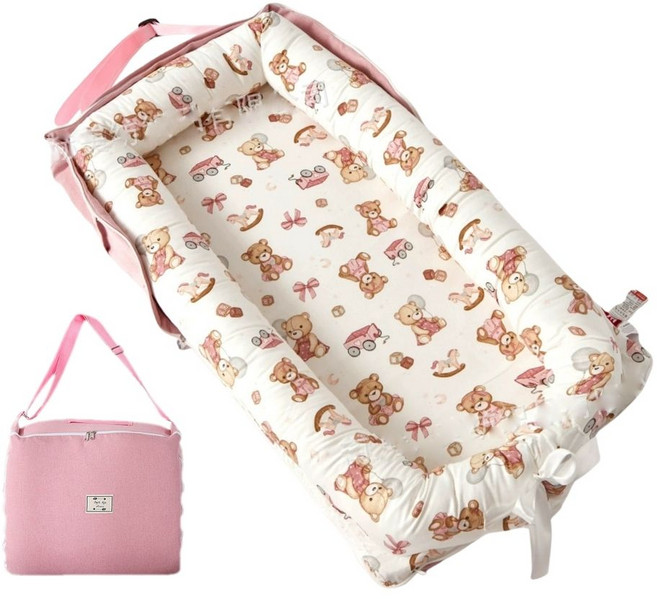 伊淶溫背包款嬰兒床中床：內外可拆洗便攜式防壓 子宮仿生, 粉邊小熊(床+枕), 粉邊小熊