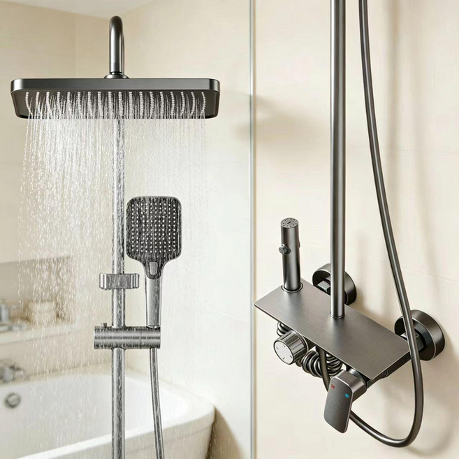 해바라기 샤워기 세트 4단 조절 선반형 프리미엄 샤워 헤드 세트, 그레이, 1개