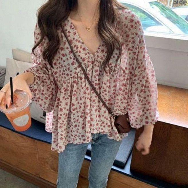 엠로트 은창]셀레나 8부 7부 블라우스 셔츠 퍼프 가을 여름 겨울 상의 플라워 티셔츠 셔링