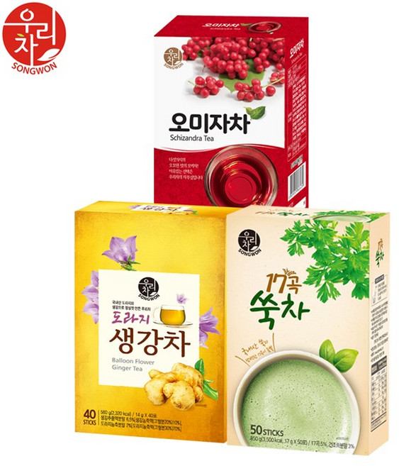 송원 도라지생강차 40T +쑥차 50T +오미자차 50T (140T), 1개, 40개입