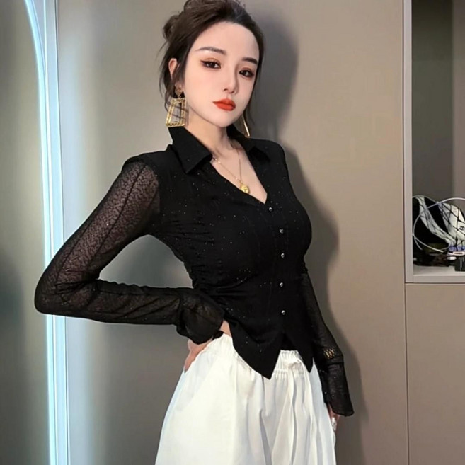 페이준 여성 여름 스팽글 망사 섹시 슬림 여름 긴팔 티 MR3025438