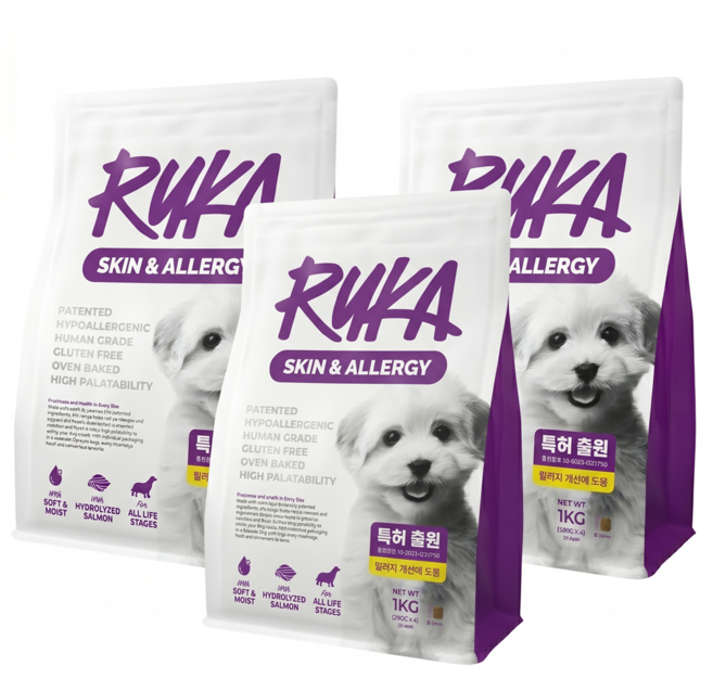 루카 스킨 앤 알러지 강아지 가수분해 연어 눈물 소프트 사료, 3개, 1kg, 피부/피모+알러지