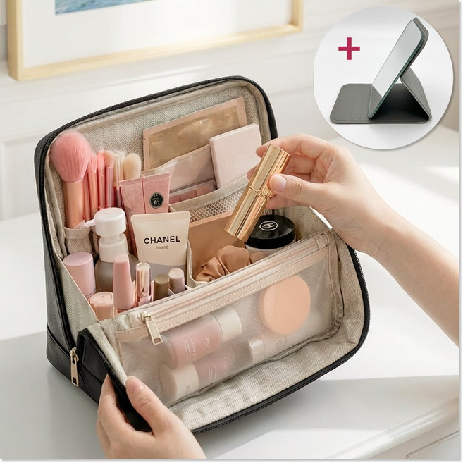 안느까사 펼치면 화장대가 되는 비건레더 대용량 화장품 파우치 거울포함