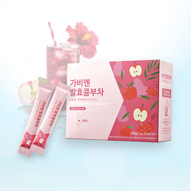 가비엔 발효콤부차 히비스커스사과맛 유산균 비타민미네랄 15곡 발효효소 분말스틱 5g 30포입 1개