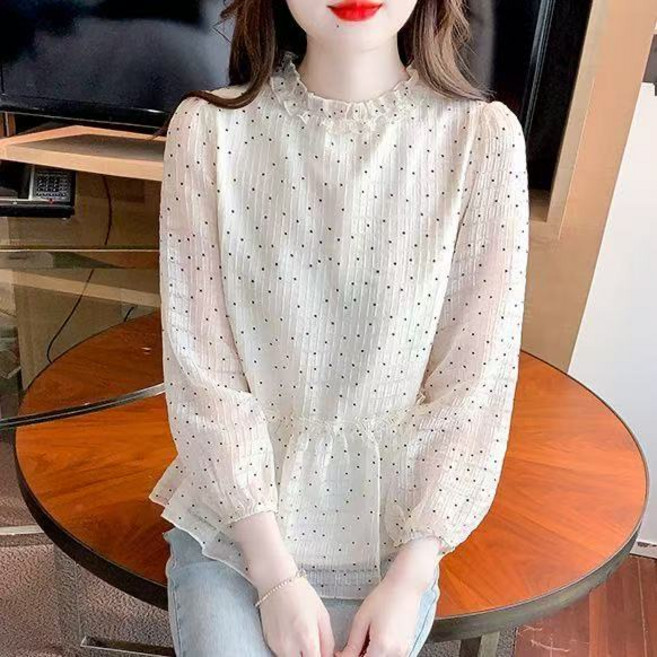 AURALA 여성 블라우스 봄 여름 패션 라운드 얇은 프린트 7부 긴팔 프릴 섹시 톱