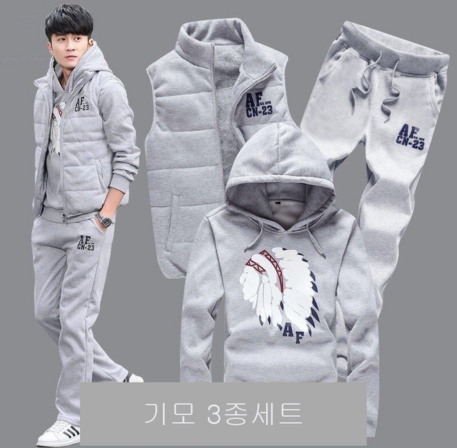 가을겨울 방한복 남자 트레이닝복 3종세트 따뜻한 후드티 면조끼 조거팬츠 상하의