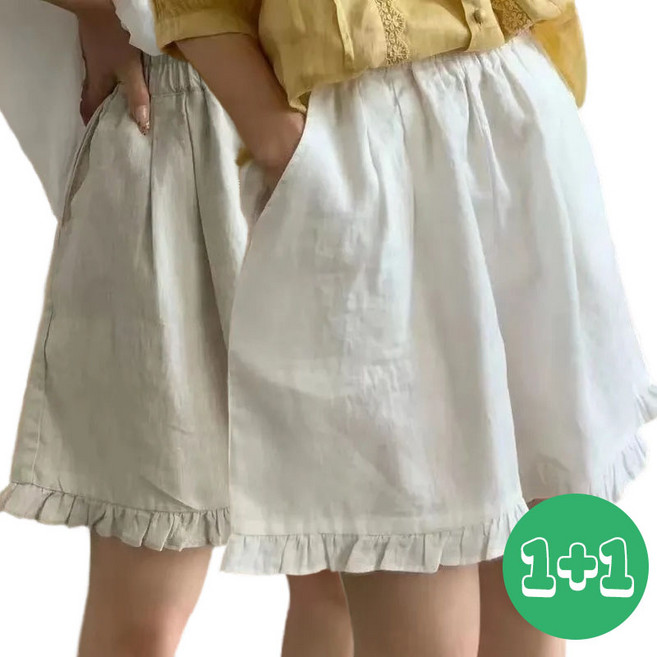 MAKABORO 1+1 여성 캐주얼 a라인 린넨 반바지 슬랙스 날씬해 보이는 3부 4부 팬츠 데일리룩