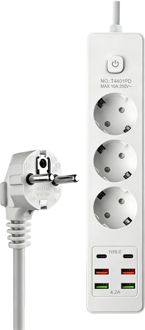 2PD+4USB 멀티탭 고용량 콘센트 누전차단 과부하 차단 절전 멀티탭, 1개, 흰색 3구 PC2500W, 2m