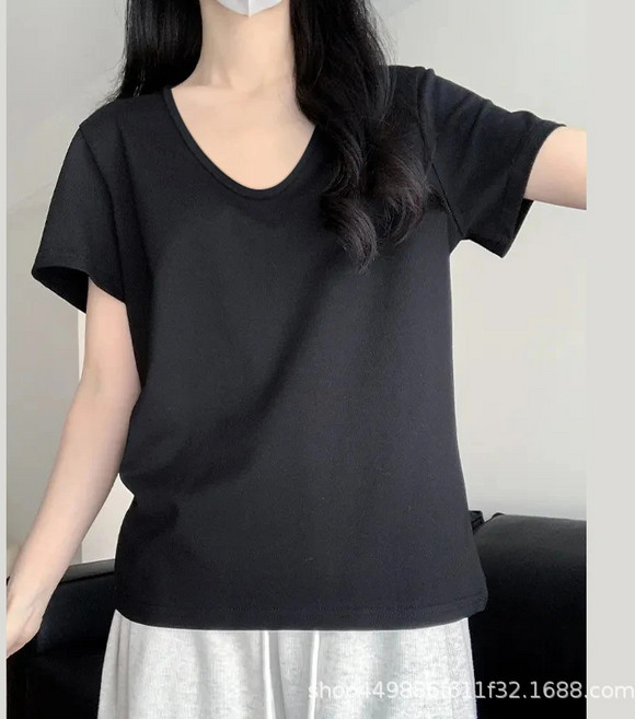 春裝女款爆款新款淺色u領顯瘦休閒半袖寬鬆短袖上衣遮肉百搭
