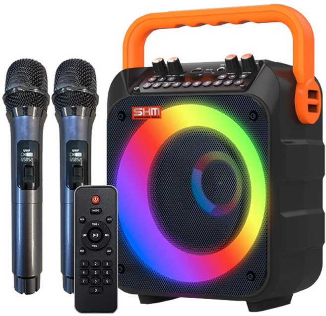 신흥몰 SM-9000 충전식 휴대용 블루투스 노래방앰프 무선MIC2 USB MP3 FM라디오 USB핀볼