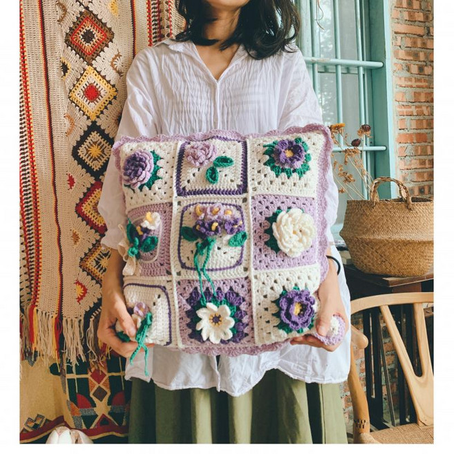 수제 크로쉐 니트 모티브 손뜨개 쿠션 커버 컬러 인테리어 A04