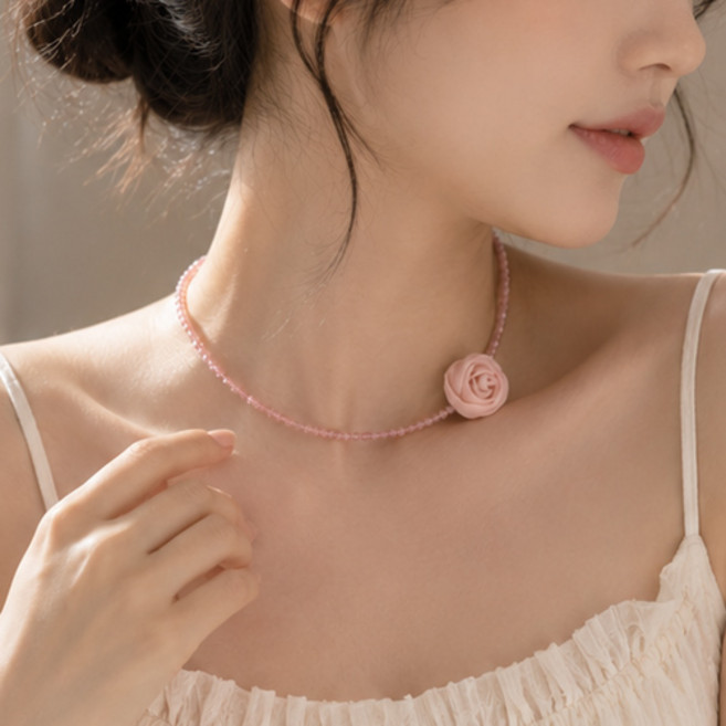 여성 로맨틱 러블리 키치 로즈 플라워 컬러 비즈 초커 목걸이 A2852