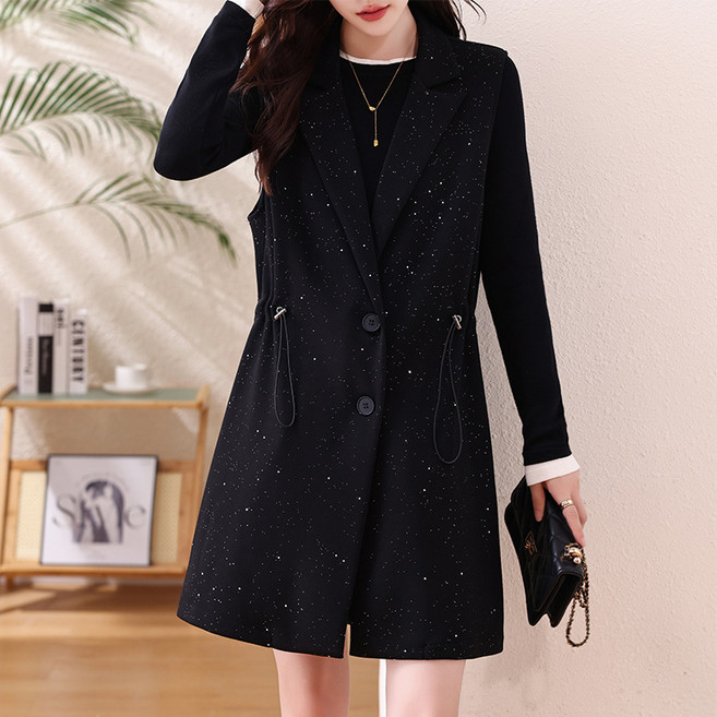 큰 사이즈 여성 의류 반짝이 중간 길이 조끼 코트 봄 가을 신상품 루즈핏 슬림핏 팻 mm 트렌디 가디건 상의