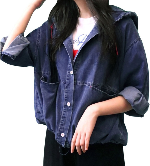 메리앤유 루즈핏 후드 해지 데님 청 9부 소매 간절기 점퍼