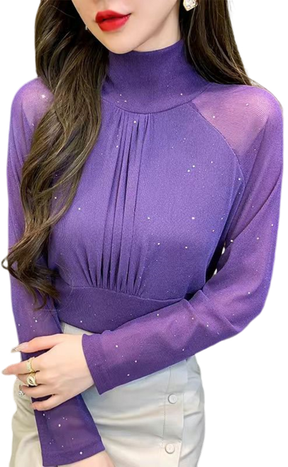 라인댄스복 스포츠댄스복 여성용 하이넥 망사 스팽글 긴팔 티셔츠 뉴타임즈Women's T-shirt F11011