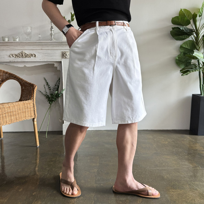 웨일즈 6부 원턱 버뮤다 벌룬 와이드 팬츠 데님 청 반바지 (3 Colors) 빅 사이즈 까지